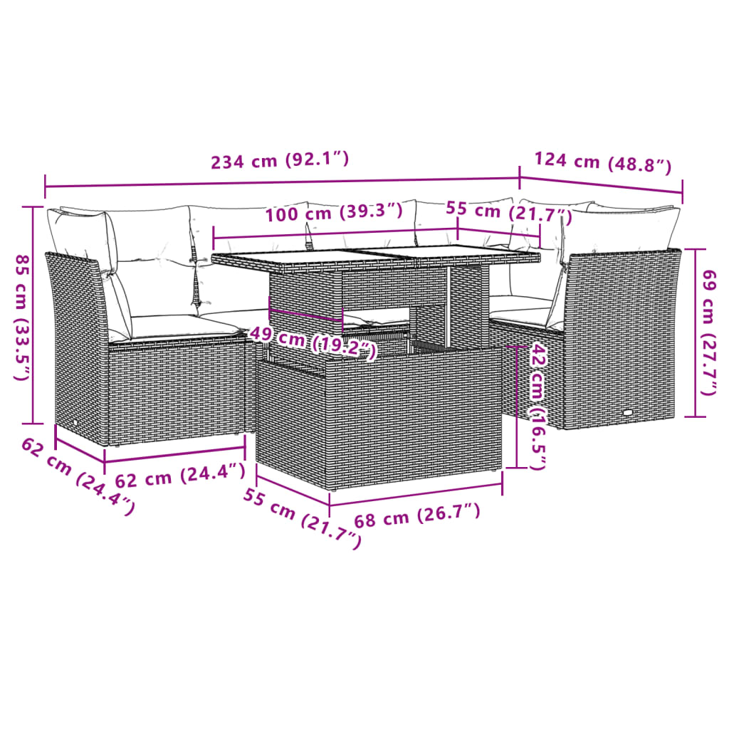 vidaXL 6-delige Loungeset met kussens poly rattan zwart