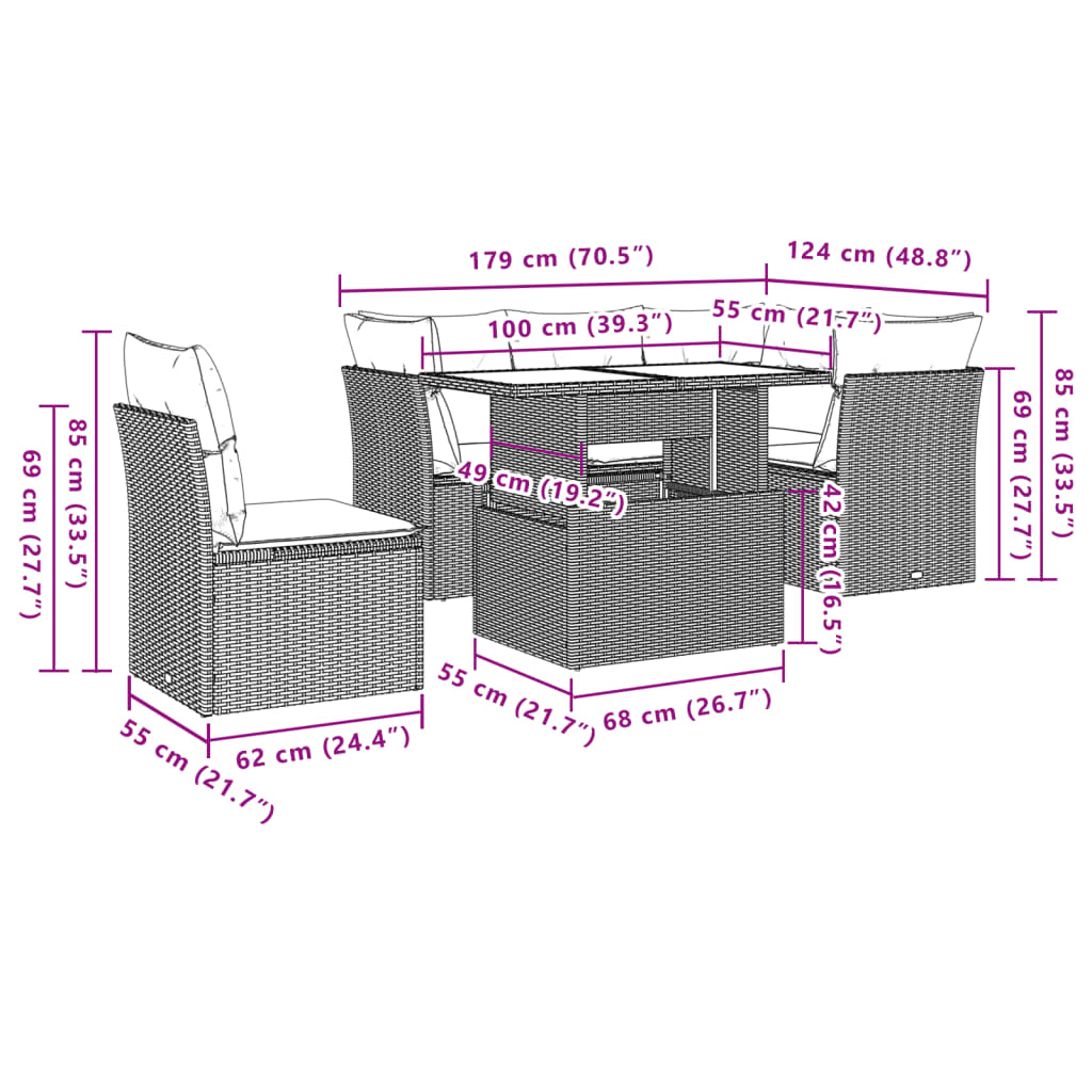 vidaXL 6-Piece Lounge Set with Cushions Poly Rattan Black