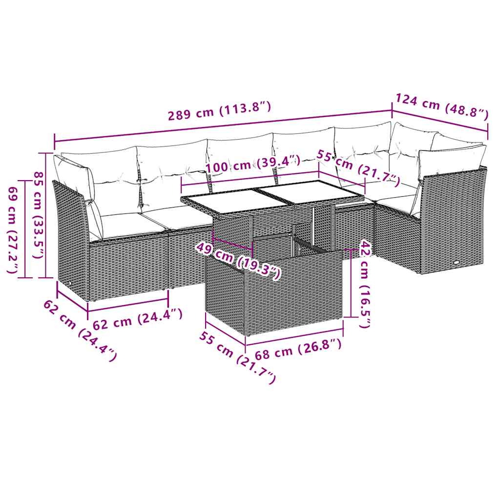 vidaXL 7-delige Loungeset met kussens poly rattan zwart