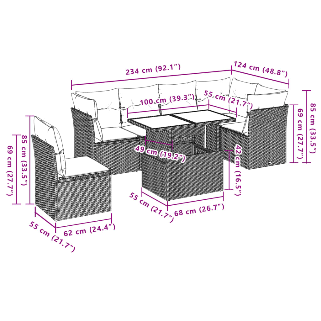 vidaXL 7-Piece Lounge Set with Cushions Poly Rattan Black