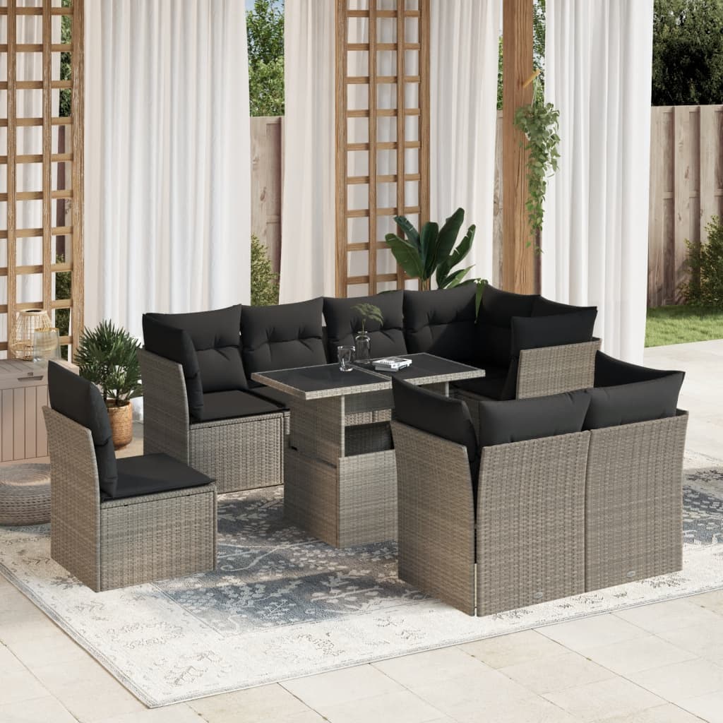 vidaXL 9-delige Loungeset met kussens poly rattan zwart
