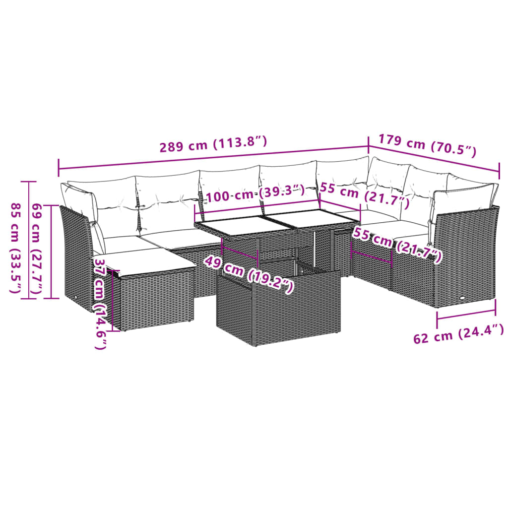 vidaXL 9-delige Loungeset met kussens poly rattan zwart