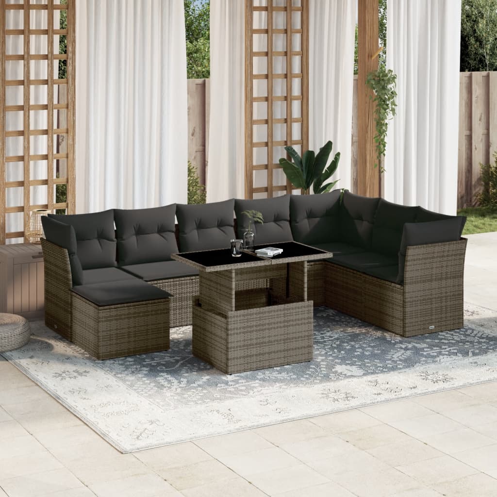vidaXL 9-delige Loungeset met kussens poly rattan zwart