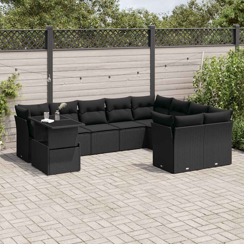 vidaXL 10-piece Lounge Set with Cushions Poly Rattan Black