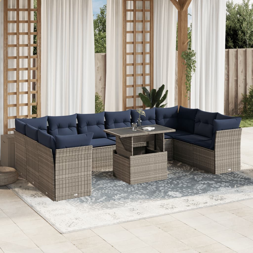 vidaXL 11-piece Garden Lounge Set with Cushions, Grey Poly Rattan