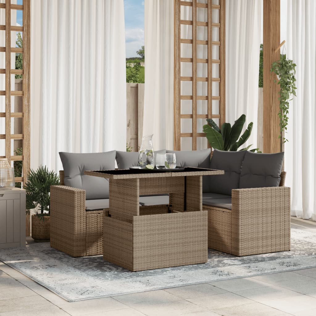 vidaXL 5-delige Loungeset met kussens poly rattan zwart
