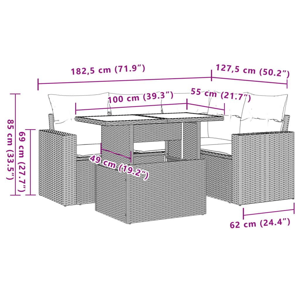 vidaXL 5-delige Loungeset met kussens poly rattan zwart