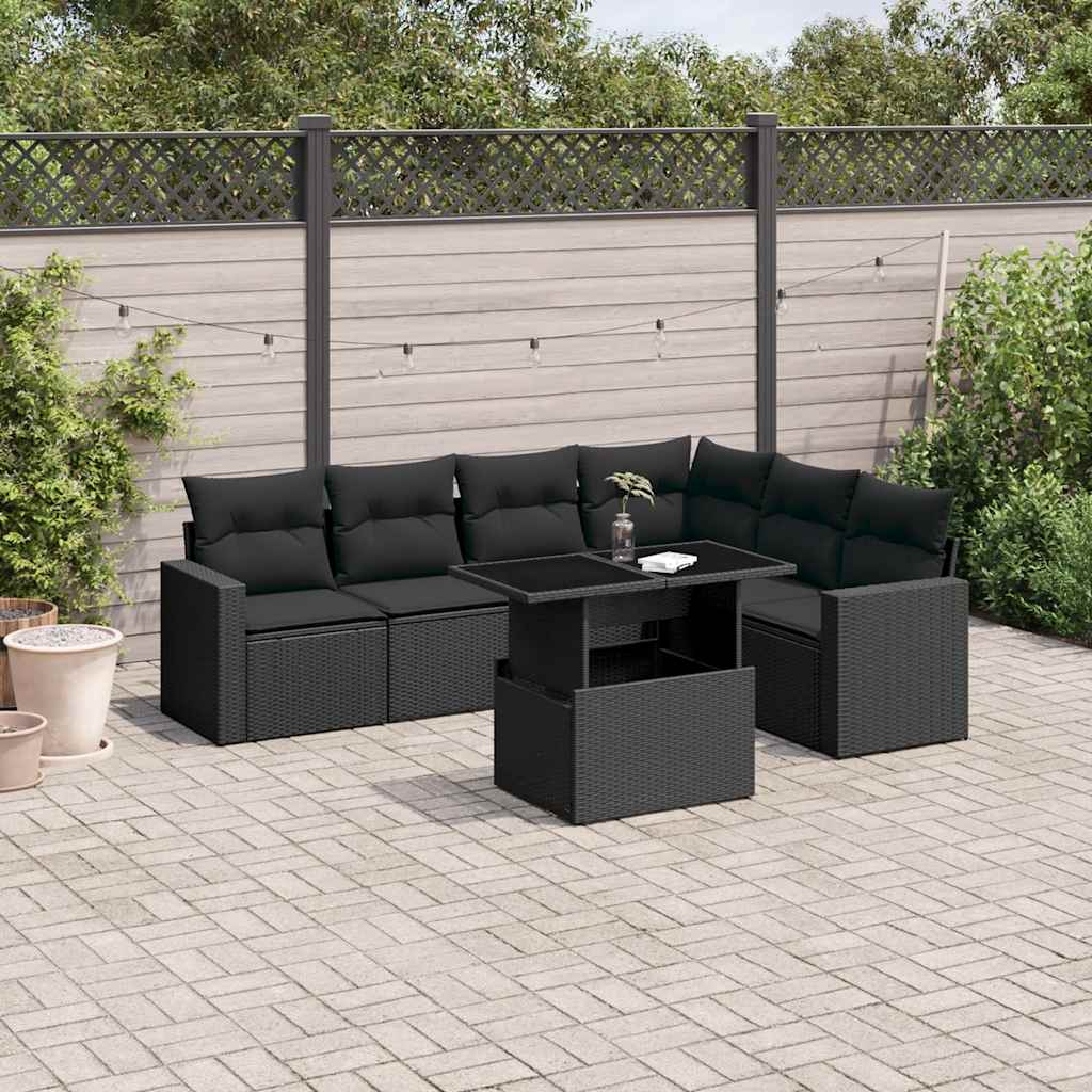 vidaXL 7-delige Loungeset met kussens poly rattan zwart