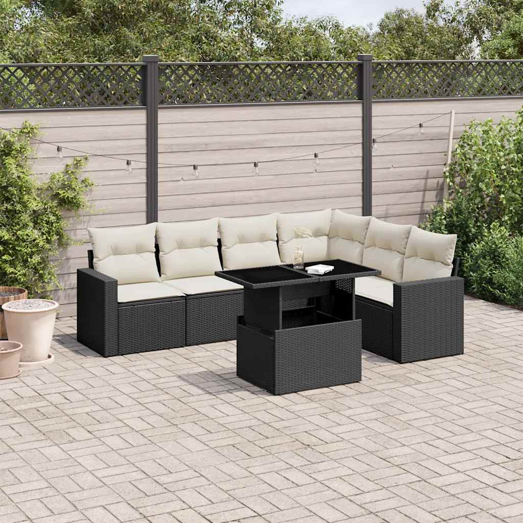 vidaXL 7-delige Loungeset met kussens poly rattan zwart