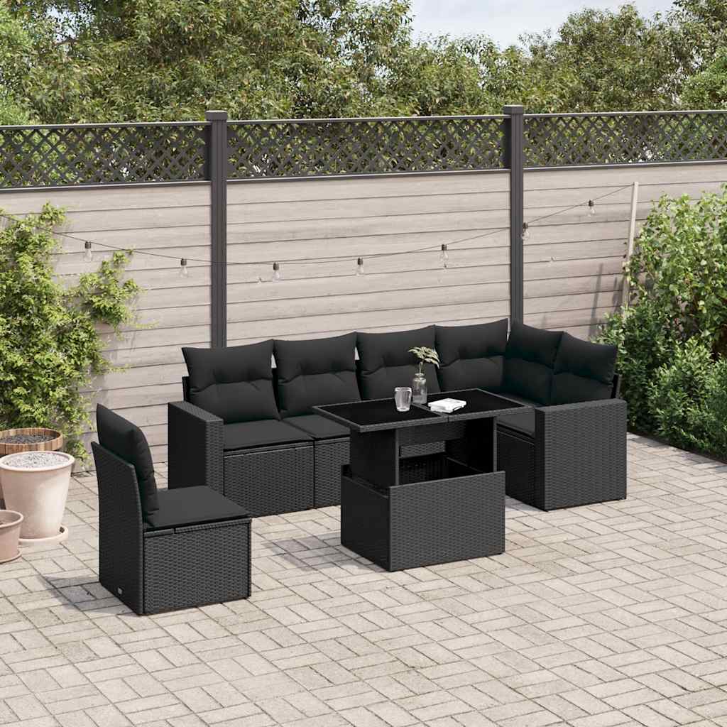 vidaXL 7-Piece Lounge Set with Cushions Poly Rattan Black