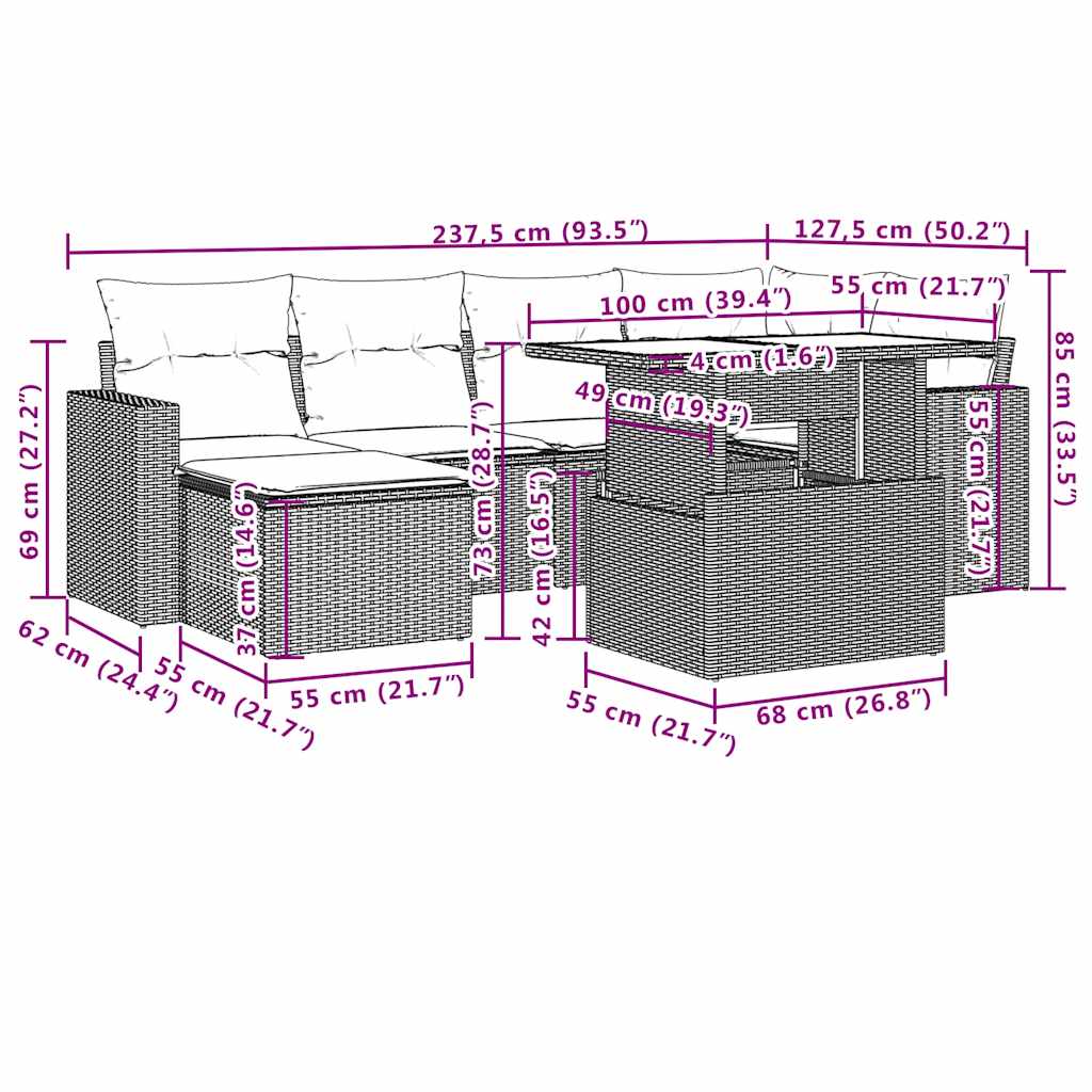 vidaXL 7-delige Loungeset met kussens poly rattan zwart