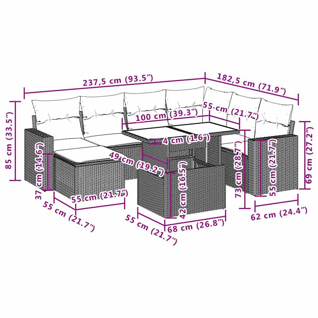 vidaXL 8-delige tuinbankset met kussens, grijs polyrotan