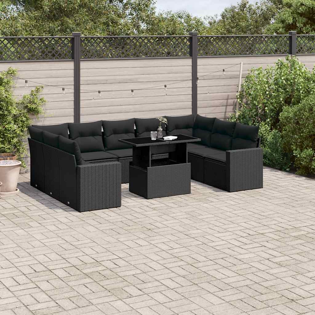 vidaXL 10-Piece Lounge Set with Cushions Poly Rattan Black