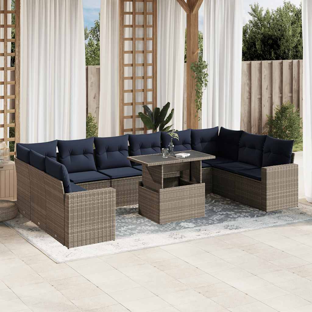vidaXL 11-piece Garden Lounge Set with Cushions, Grey Poly Rattan