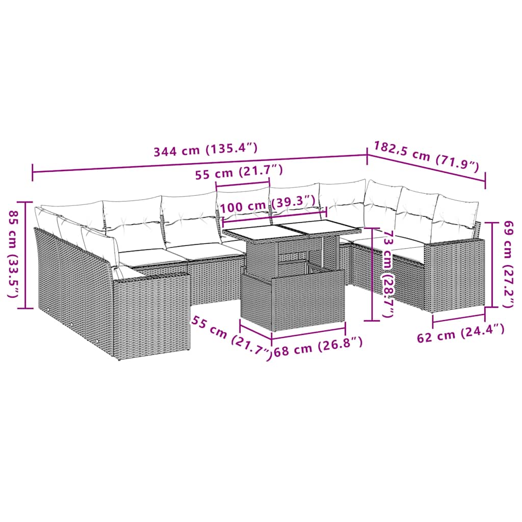 vidaXL 11-piece Garden Lounge Set with Cushions, Grey Poly Rattan