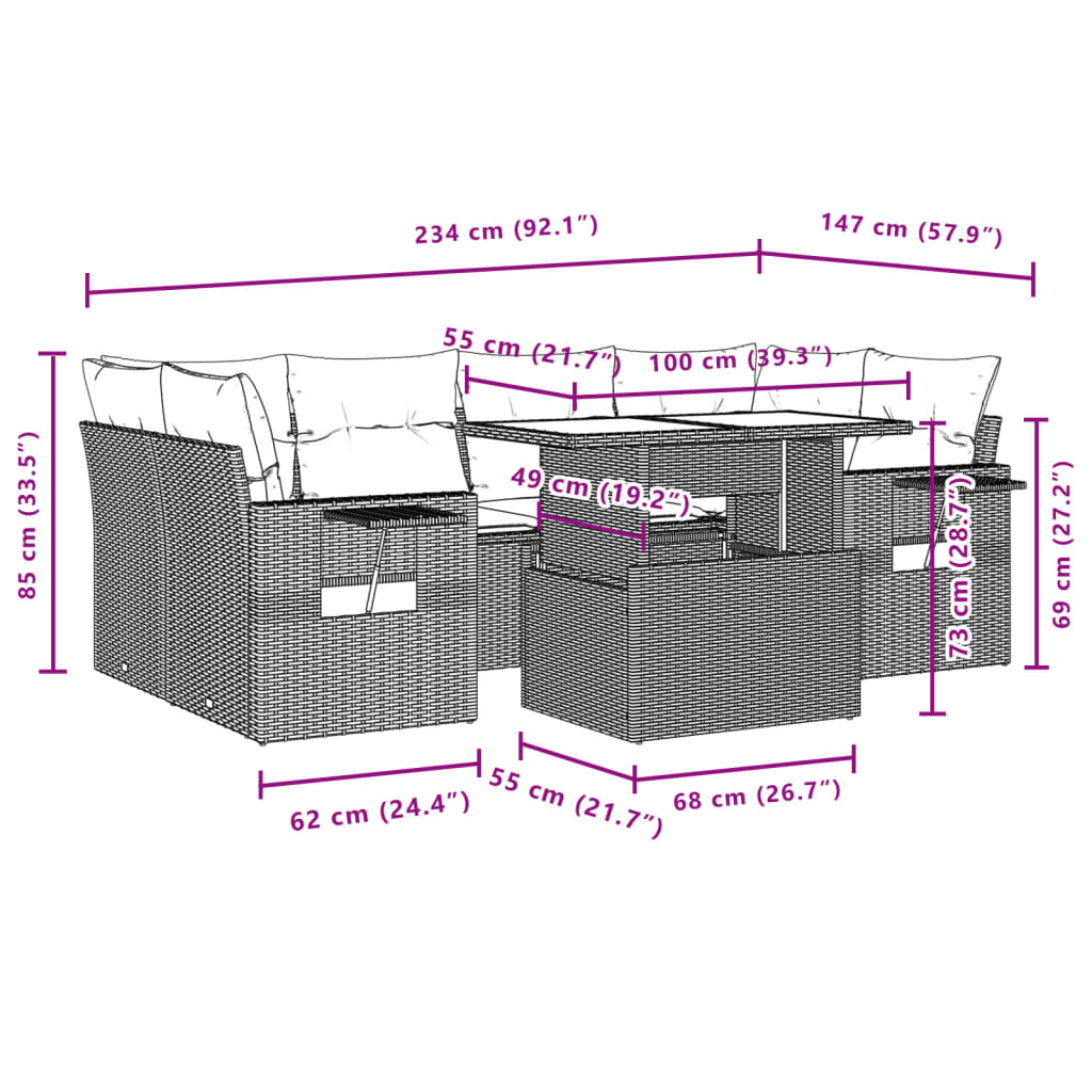 vidaXL 7-delige Loungeset met kussens poly rattan zwart