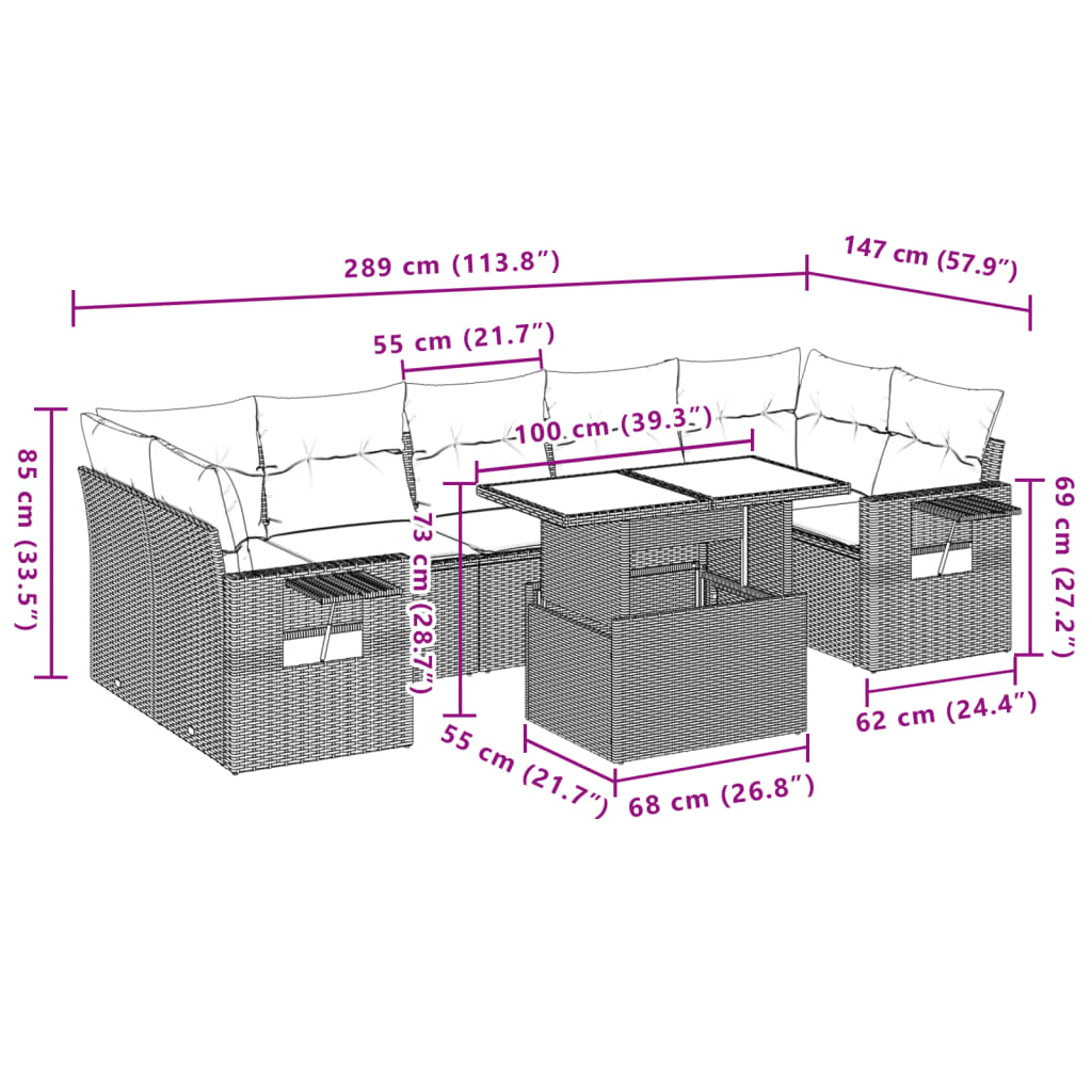 vidaXL 8-Piece Poly Rattan Lounge Set with Cushions Black