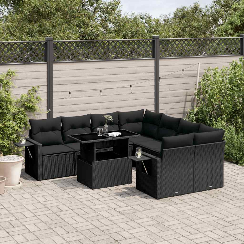 vidaXL 9-piece Poly Rattan Lounge Set with Cushions Black