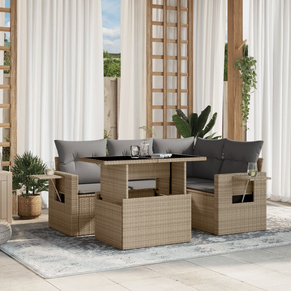vidaXL 5-delige Loungeset met kussens poly rattan zwart