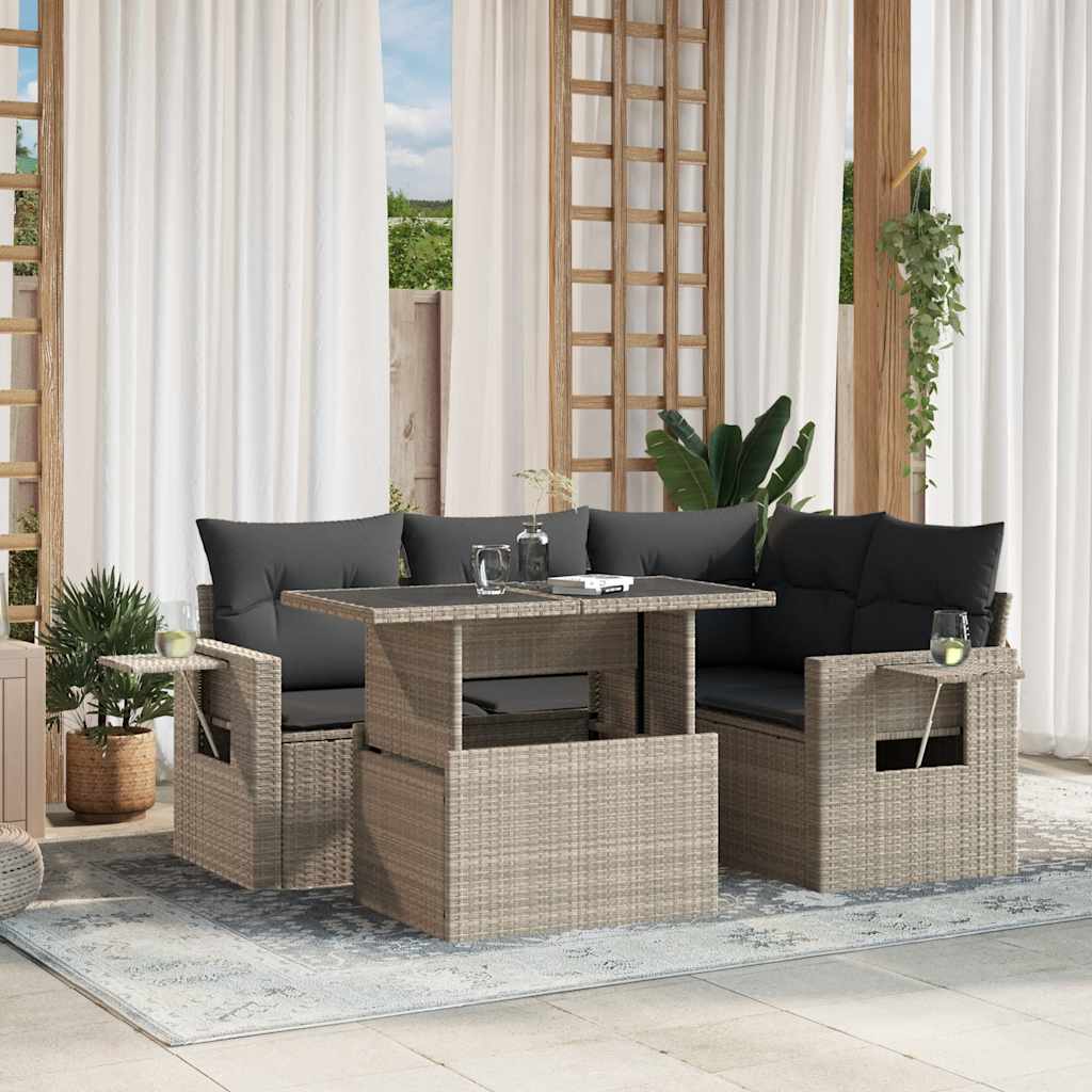 vidaXL 5-delige Loungeset met kussens poly rattan zwart