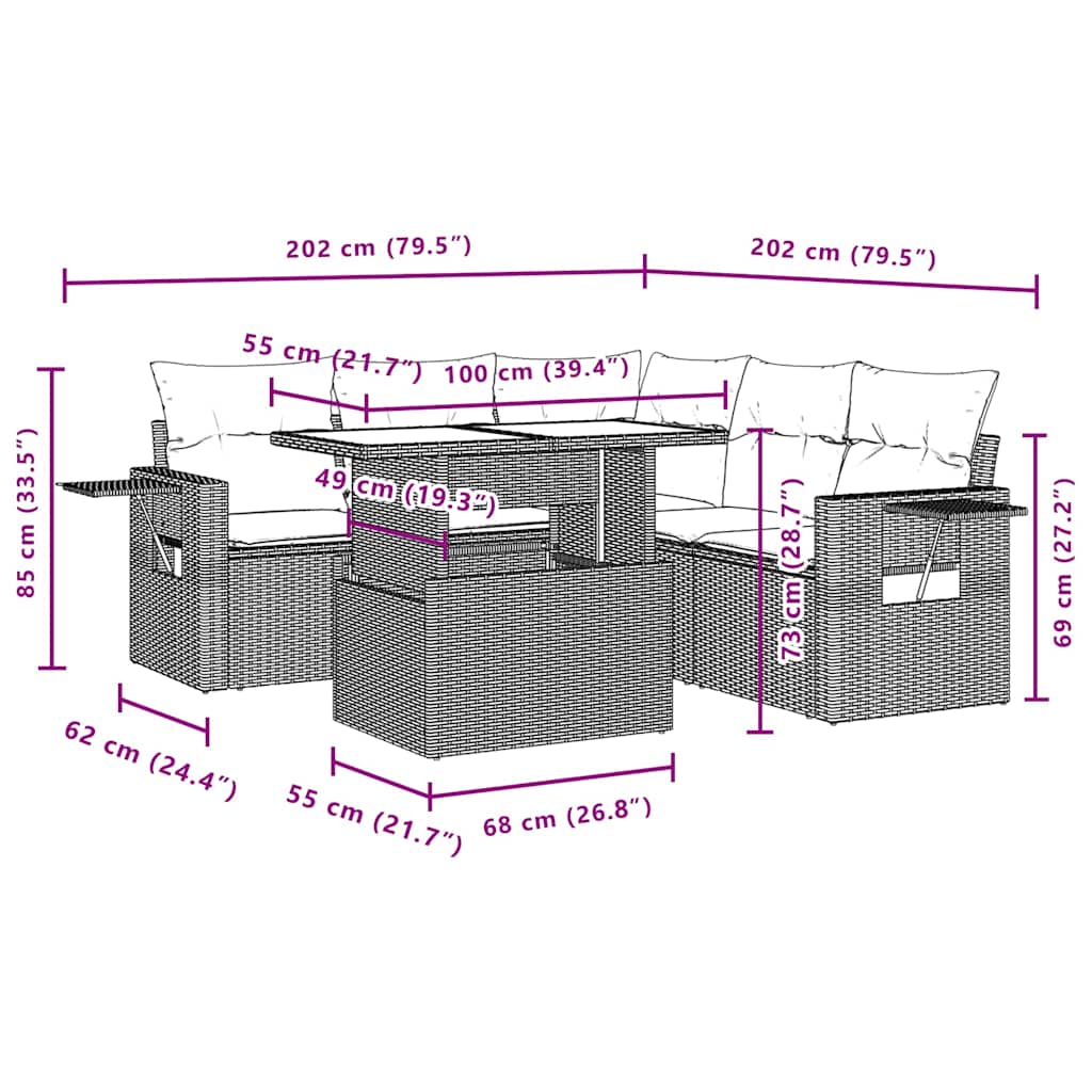vidaXL 6-Seater Garden Lounge Set with Cushions Poly Rattan Black