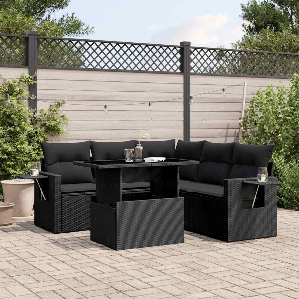 vidaXL 6-Seater Garden Lounge Set with Cushions Poly Rattan Black