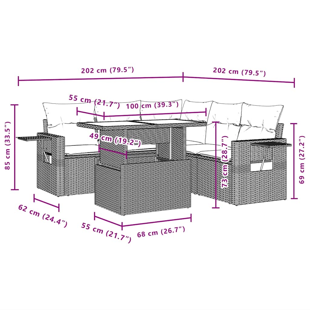 vidaXL 6-Piece Garden Sofa Set with Cushions Grey Poly Rattan