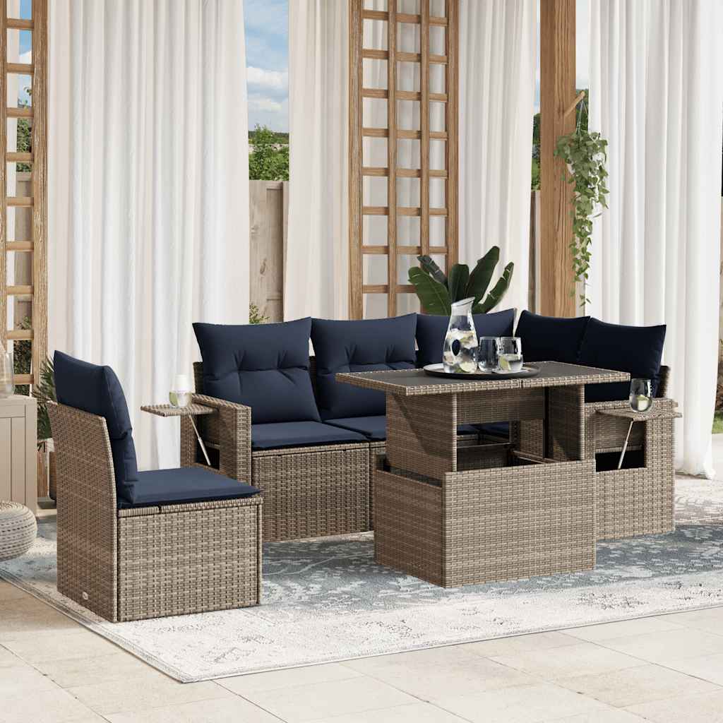vidaXL 6-Seater Garden Sofa Set with Cushions, Grey Poly Rattan