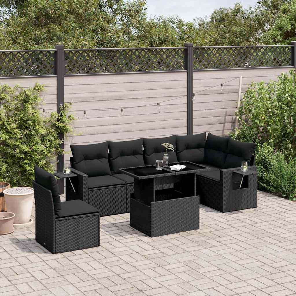 vidaXL 7-Piece Lounge Set with Cushions Poly Rattan Black