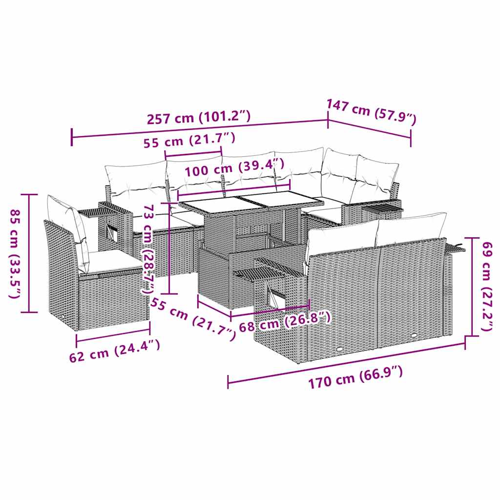 vidaXL 9-delige Loungeset met kussens poly rattan zwart