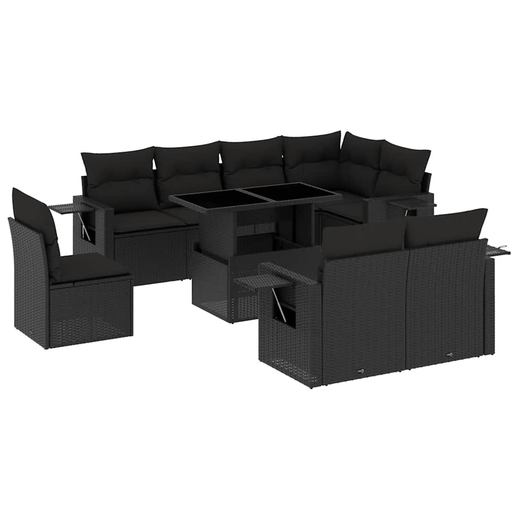 vidaXL 9-delige Loungeset met kussens poly rattan zwart