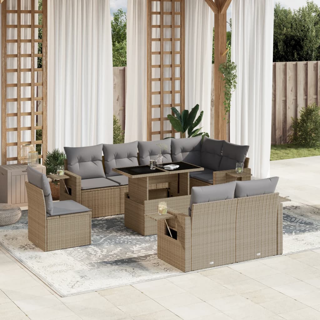 vidaXL 9-delige Loungeset met kussens poly rattan zwart