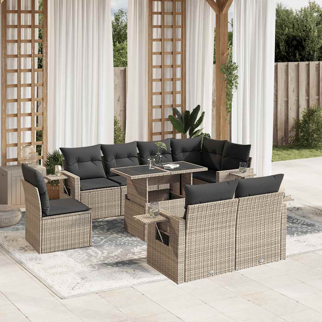 vidaXL 9-delige Loungeset met kussens poly rattan zwart