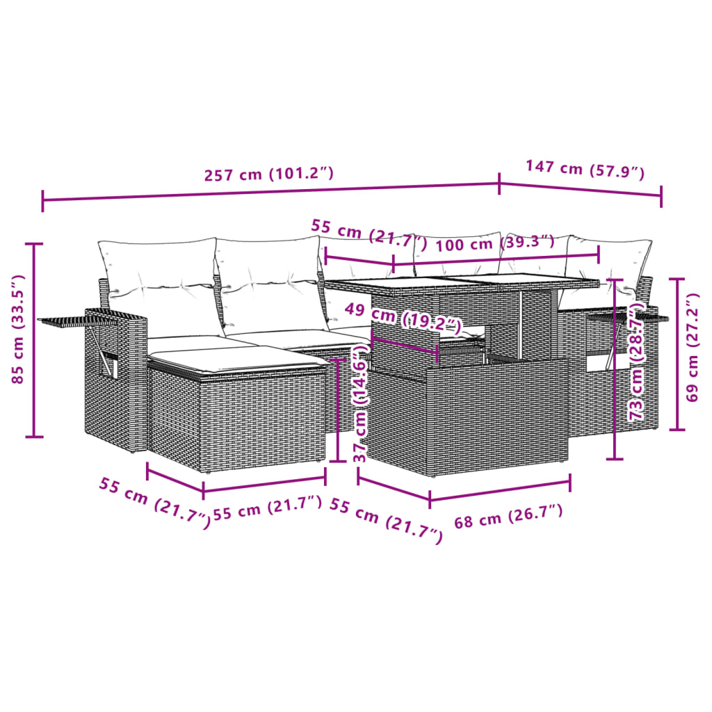 vidaXL 7-delige Loungeset met kussens poly rattan zwart
