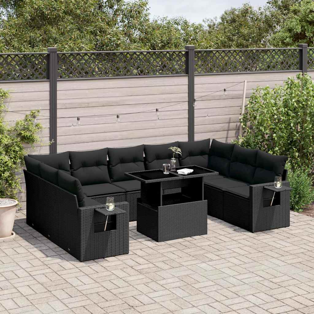 vidaXL 10-Piece Lounge Set with Cushions Poly Rattan Black