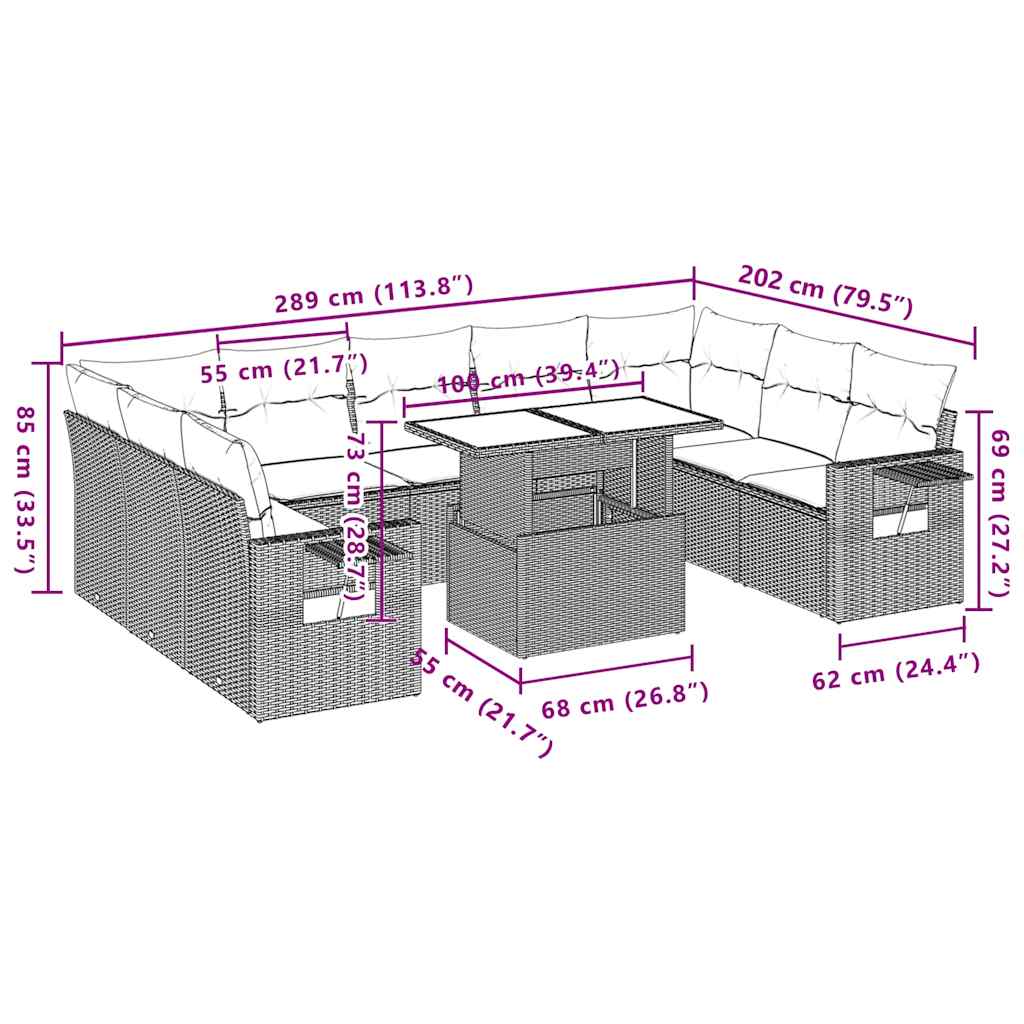 vidaXL 10-Piece Lounge Set with Cushions Poly Rattan Black
