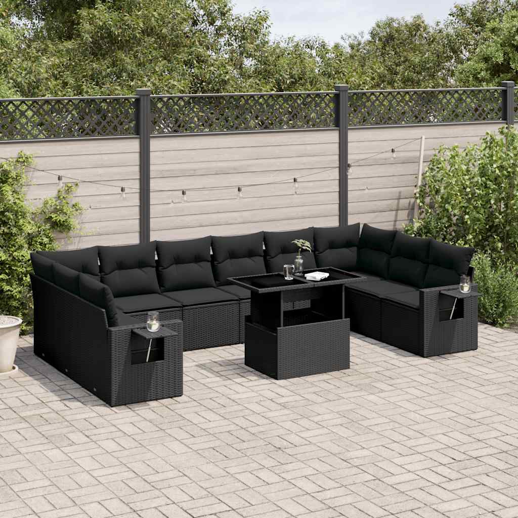 vidaXL 11-Piece Lounge Set with Cushions Poly Rattan Black