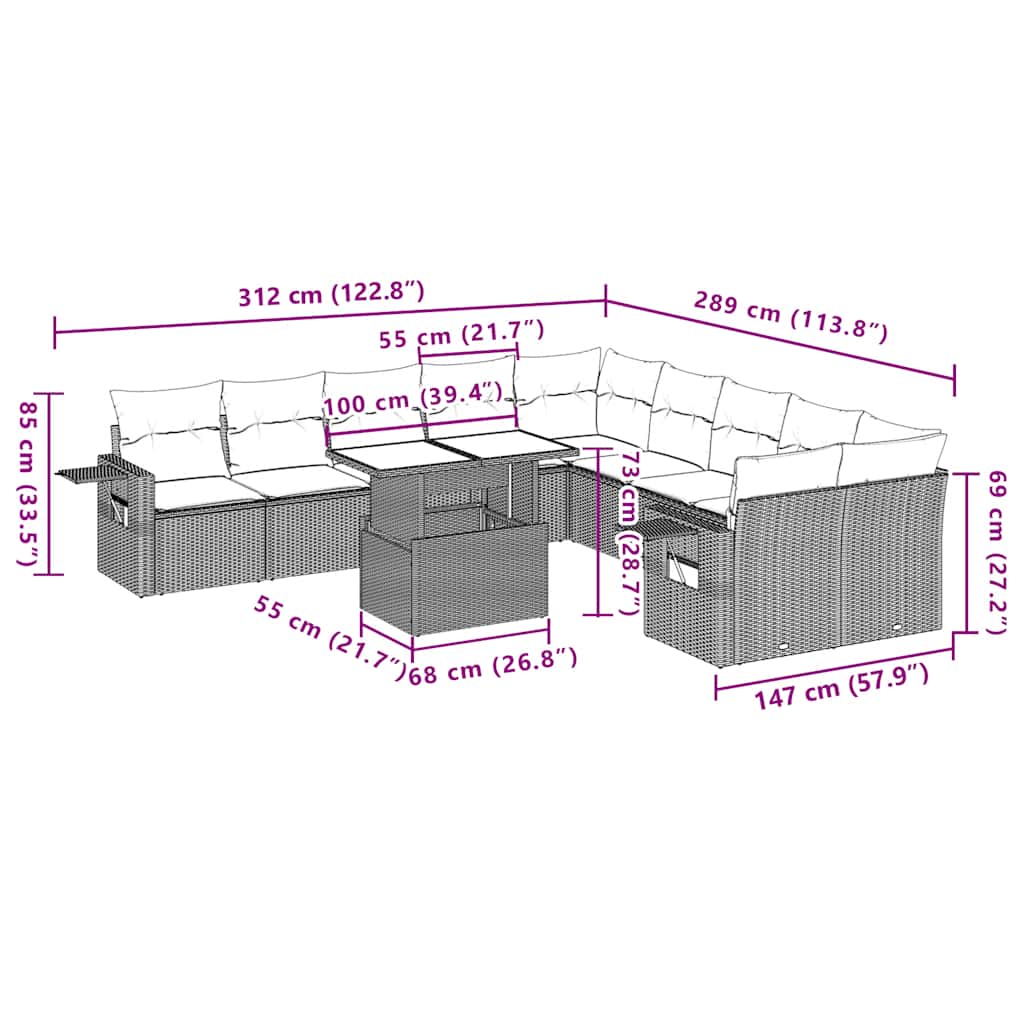 vidaXL 11-Piece Lounge Set with Cushions Poly Rattan Black