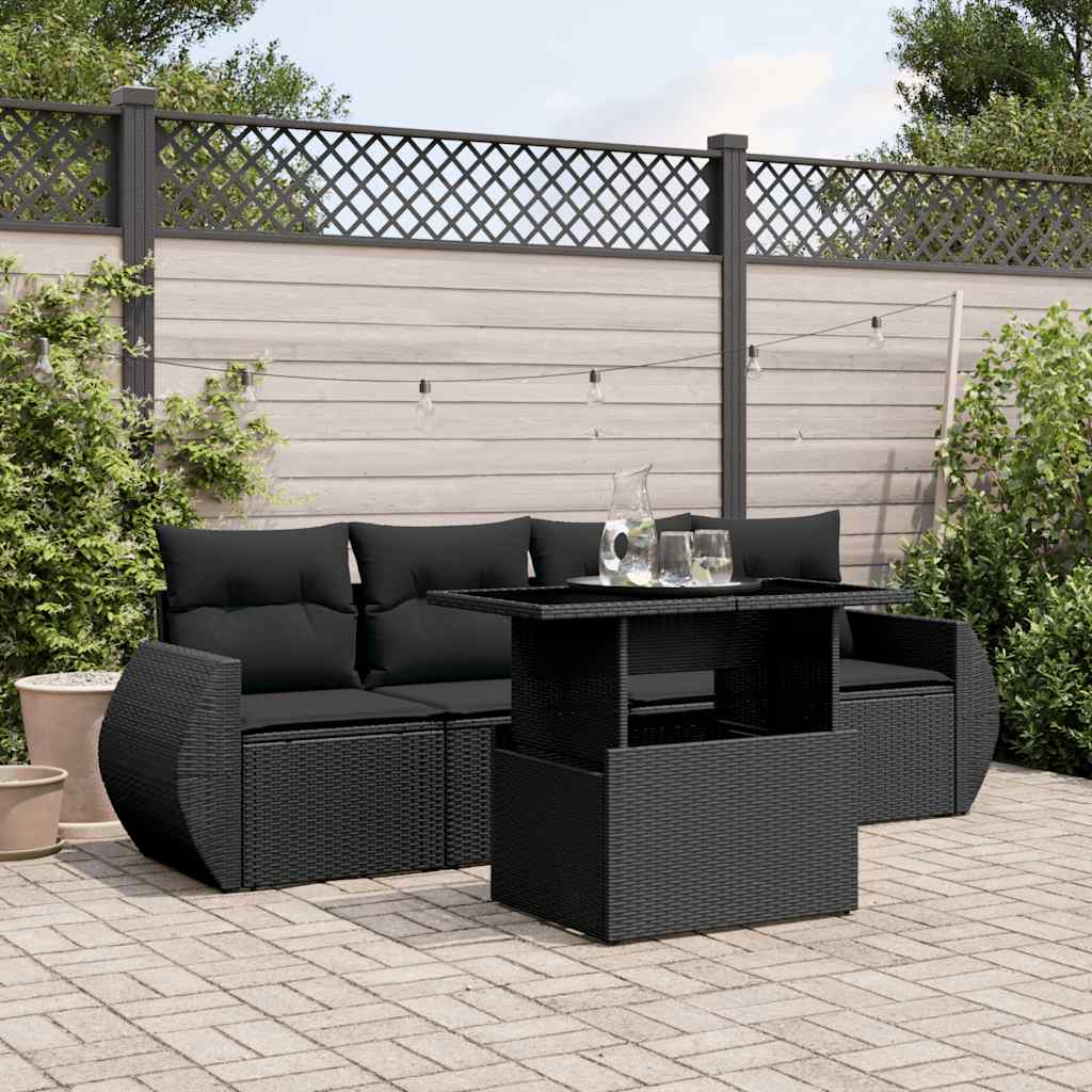 vidaXL 5-Piece Lounge Set with Cushions Poly Rattan Black