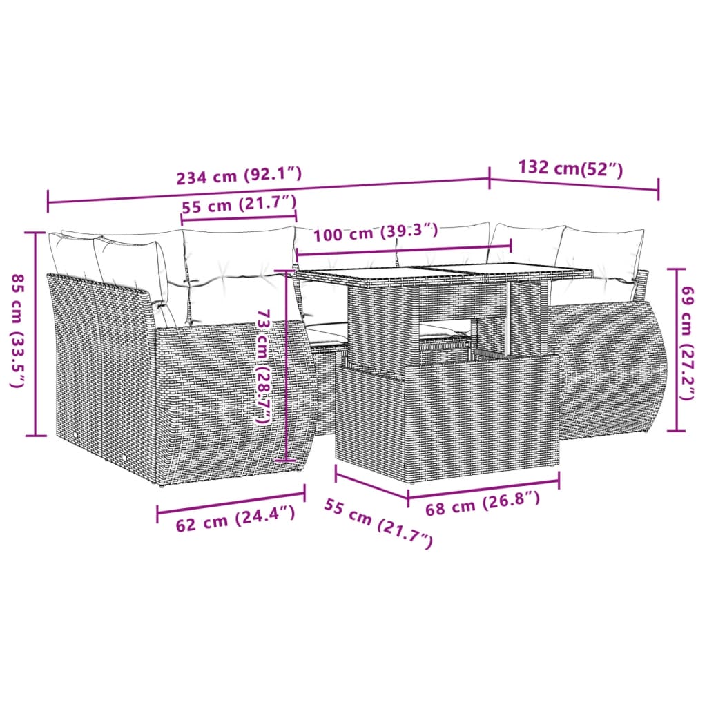 vidaXL 7-delige Loungeset met kussens poly rattan zwart