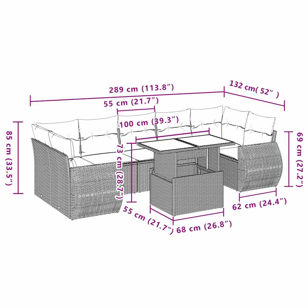 vidaXL 8-delige tuinbankset met kussens, zwart polyrotan
