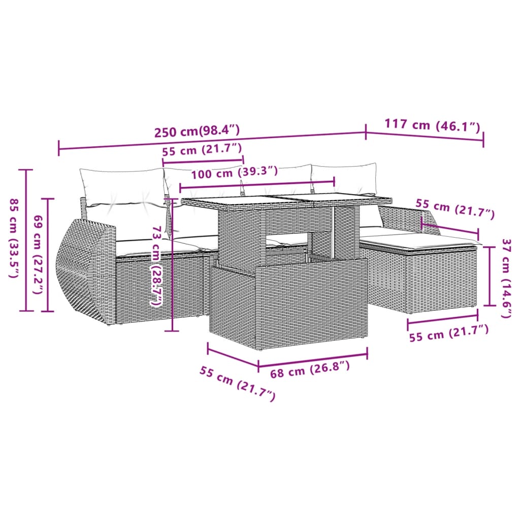 vidaXL 6-delige Loungeset met kussens poly rattan zwart