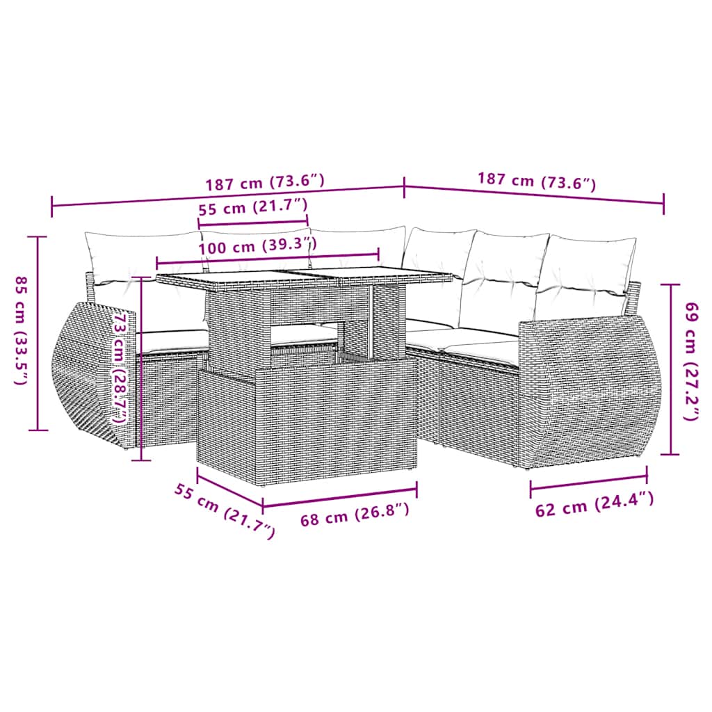 vidaXL 6-Piece Garden Sofa Set with Cushions, Grey Poly Rattan