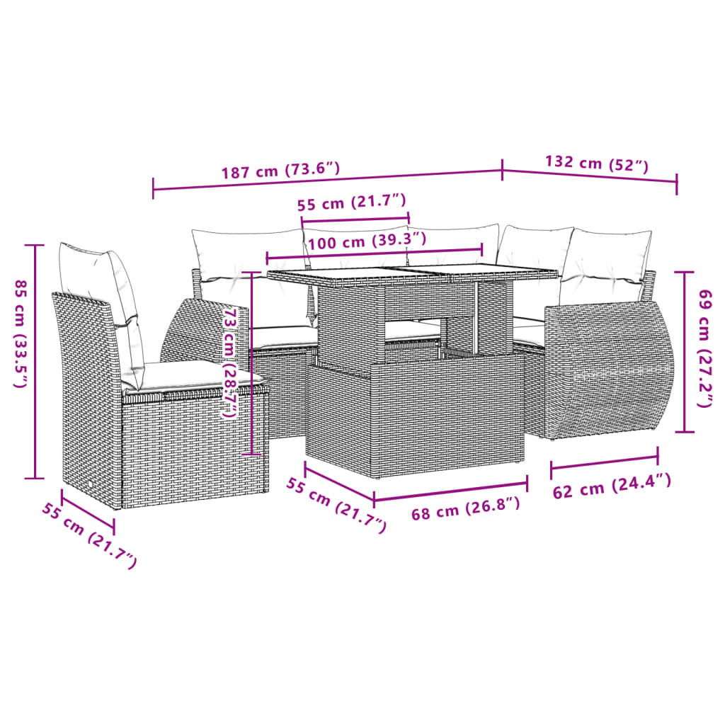 vidaXL 6-delige Loungeset met kussens poly rattan zwart