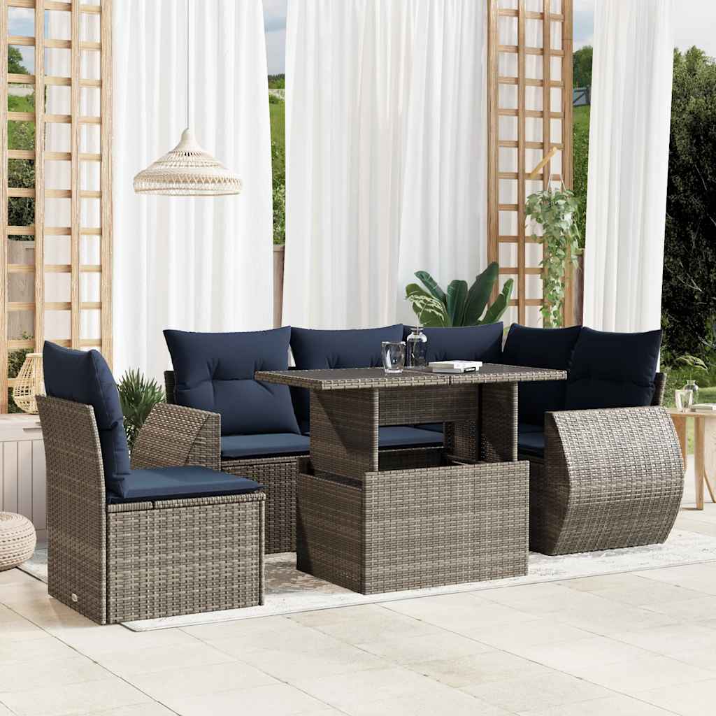 vidaXL 6-Piece Garden Sofa Set with Cushions, Grey Poly Rattan