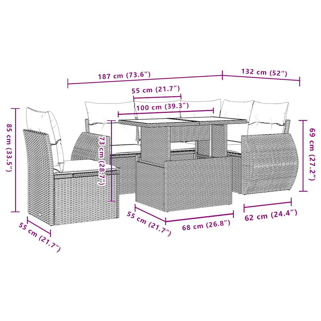 vidaXL 6-Piece Garden Sofa Set with Cushions, Grey Poly Rattan