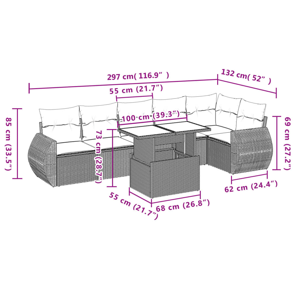vidaXL 7-delige Loungeset met kussens poly rattan zwart