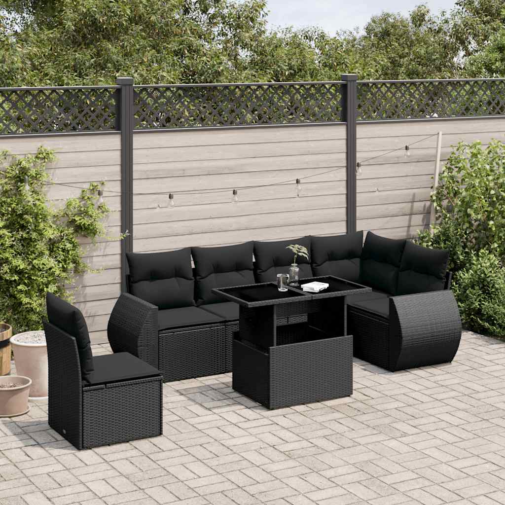vidaXL 7-delige Loungeset met kussens poly rattan zwart