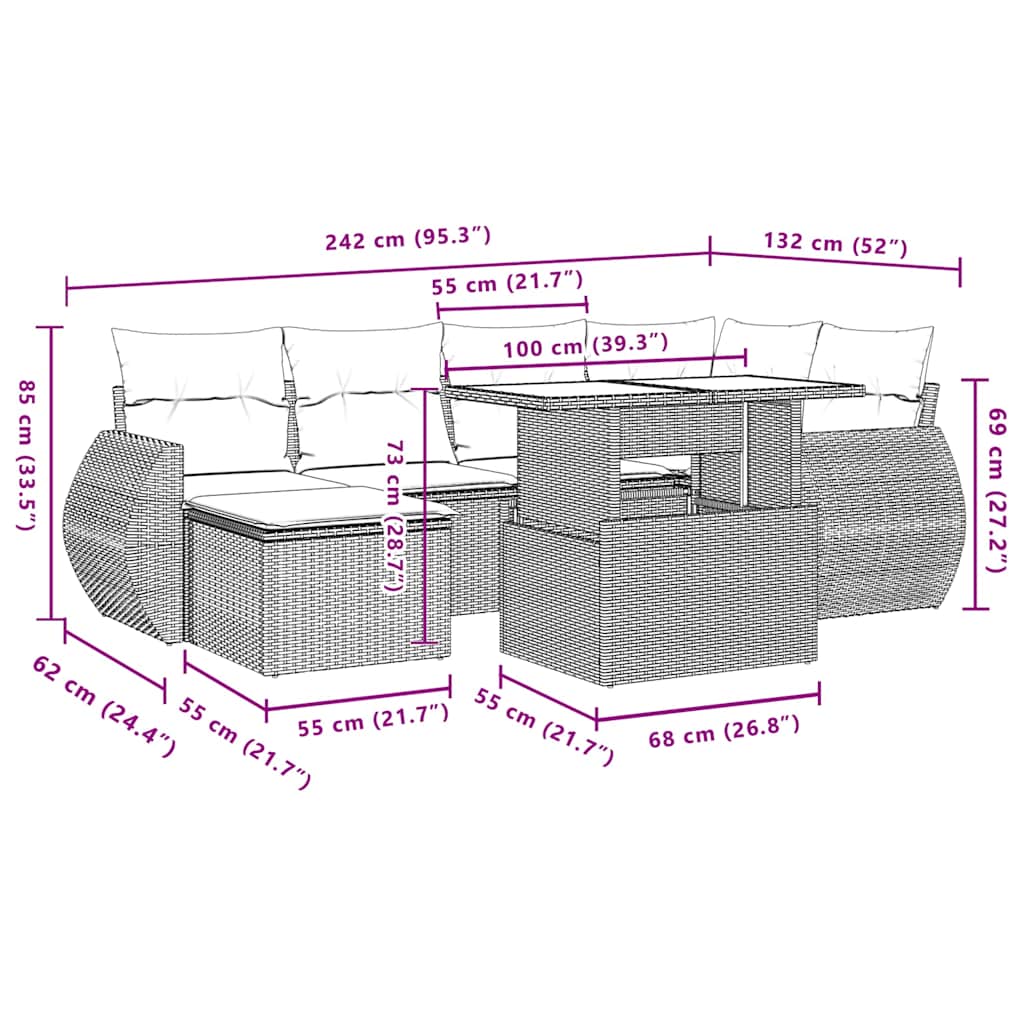 vidaXL 7-delige Loungeset met kussens poly rattan zwart