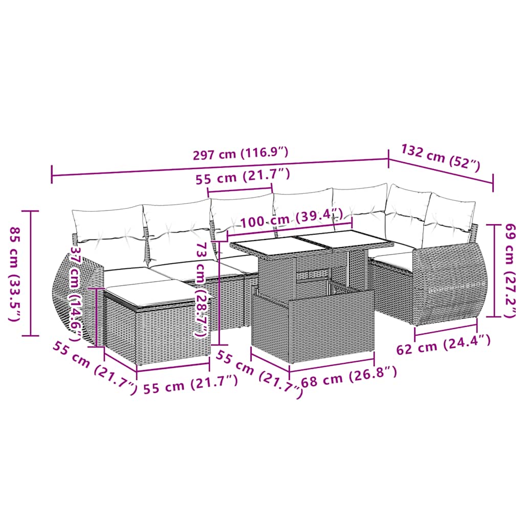 vidaXL 8-delige Loungeset met kussens poly rattan zwart